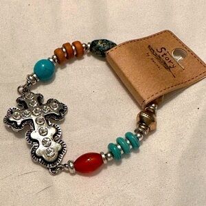Beautiful Rhinestone Cross Stretch Bracelet with Lovely Beads and Discs NWT